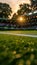 Morning glow on tennis court close up of freshly mown grass at tennis club tournament