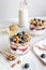 Morning granola with yogurt and berries on white kitchen background