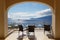 Morning at greek island. Beautiful view at Agia Efimia bay from a hotel, villa balcony, Cephalonia island, Greece.