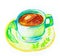 Morning green cup with tea on a saucer drawn with pencils on a white background