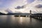 Morning Harbor with views of mountains and clouds.