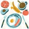 Morning. Healthy breakfast. Coffee, banana, egg, avocado, sausage, donut, orange. Cartoon style. Flat design.