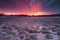 Morning hoarfrost on a field with a beautiful pink sunrise