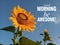 Morning inspirational motivational quote- Good morning, be awesome. With a beautiful smiling sunflower blossom and blue sky