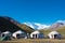 Morning Landscape of Lenin Peak 7134m at Tourist Yurt camp of Tulpar Kol Lake in Alay Valley, Osh, Kyrgyzstan.