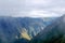 Morning landscape with Peruvian Andes mountains peaks covered with clouds at sunrise