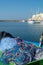 Morning landscape photo made in Gallipoli pier, colorful fishermen net after fishing, Apulia, Italy