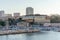 Morning landscapes of the old port, fort and buildings in Marseille, France