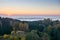 Morning landspace with sun rays. Beautiful landscape with forest and fog.Lithuanian landscape