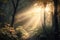 Morning light in the forest. Sunbeams flowing through foliage trees on forest clearing. Forest light. Generative AI