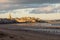 The morning light on the Plage du Sillon and walled city. Saint Malo , France,