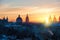 Morning Lviv, sunrise. View of the central part of city and chur