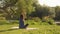 Morning meditation at sunrise. Practicing yoga in park in the morning. Woman sitting on yoga mat in park in lotus position, raisin