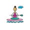 Morning meditation. Yoga girl on paddle board, isolated on white. Art icon for your design. Vector illustration