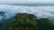 Morning mist heavy over reservoir national park, north of thailand aerial view