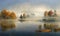 Morning mist at lake  autumn landscape , digital illustration