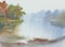 Morning mist by the lake in autumn watercolor background