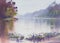 Morning mist by the lake with ships in autumn watercolor background