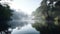 Morning mist over the river in the forest. Nature and landscape.