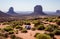 Morning in the Monument Valley. Tourist tents amid the crumbling rocks of Arizona