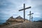 Morning mountain landscape. Sudak Calvary is a mountain with crosses. The city of Sudak. Crimea.