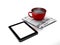 Morning news. Coffee cup with newspaper and tablet pc on white i