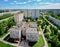 Morning panorama of the city with a view of the dental clinic from a bird\'s-eye view.