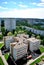 Morning panorama of the city with a view of the dental clinic from a bird\'s-eye view.