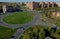 Morning panoramic view of the roundabout at the intersection of four city streets from the height of the 16th floor