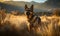 Morning Patrol Photo of guide dog a majestic German Shepherd patrolling a grassy meadow at sunrise with the majestic mountain