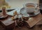 Morning refreshing with Hot coffee in ceramic cup .served with Fresh milk on old wooden worktable by the window view