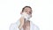 Morning\'s procedure. Man gets shaving aid on face. White background