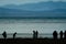 Morning scene of pilgrims campsite on northern bank of Lake Manasarovar,