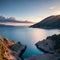 The morning sea rocky coast landscape is in Albania.