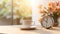 Morning serenity with alarm clock and coffee cup on table, on blurred background for text placement