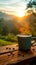 Morning serenity Coffee mug on wood, embraced by sunrise and nature