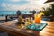 Morning serenity wooden table, fresh juice, tropical resort, sea view