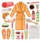 Morning set with newspaper, coffee, bathrobe, hygiene tools and cosmetics