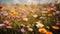 Morning summer spring wildflower field. A beautiful, sun-drenched spring summer meadow. Natural colorful panoramic