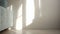 Morning sun lighting the room, shadow background overlays. Waving white tulle near the window.