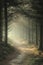 Morning sun rays pierce through the mist in a coniferous forest, creating a mystical ambiance on a tranquil path.