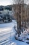 Morning sun shining through the trees snow covered the river at Gubei water town in Beijing,China