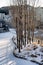 Morning sun shining through the trees snow covered the river at Gubei water town in Beijing,China