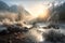 Morning sunrise in the mountains on a narrow mountain stream, bushes covered with snow and frost along the banks, made with