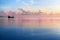 Morning sunrise pink sky, blue sea, white clouds, ship silhouette, scenery landscape, soft color sunset on ocean coast, Thailand