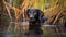 Morning Swim with Ducks: Black Labrador Retriever in a Peaceful Pond
