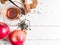 Morning tea with fruit and candied fruit. White wooden background.