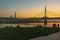 Morning time in istanbul between europe and asia continent with metro bridge,people an