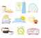 Morning time symbols set. Breakfast food and bathroom accessories Wake up concept cartoon vector illustration