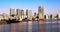 Morning Tokyo viewed from Sumida river with skyscrapers and water reflections